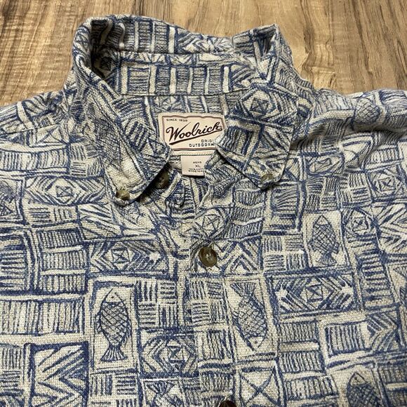 Woolrich Button Up Cotton Shirt Mens Size XL Fish Pattern Fishing Outdoor Blue - Picture 5 of 8